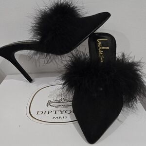 Lulu's Black Marabou Trim Pointed-Toe Mule Heels